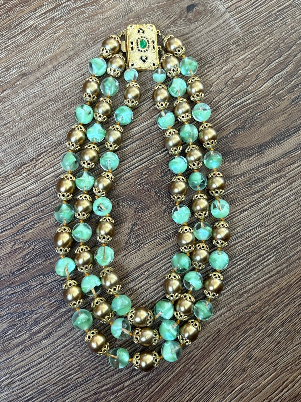 Vintage Art Deco Glass Beads with Gold Filigree Spacers Beautiful Ornate Clasp